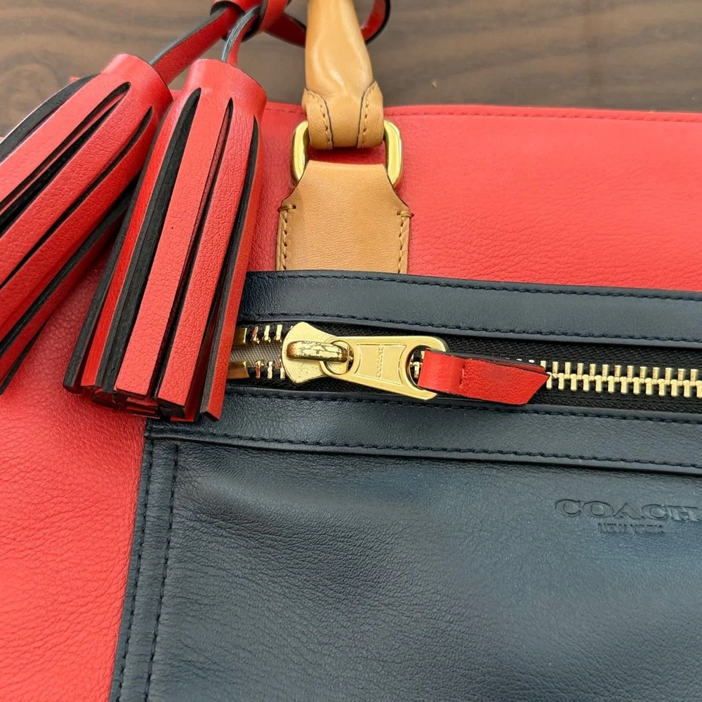 Coach Red, Navy & Tan Leather Satchel with Tassel Accents